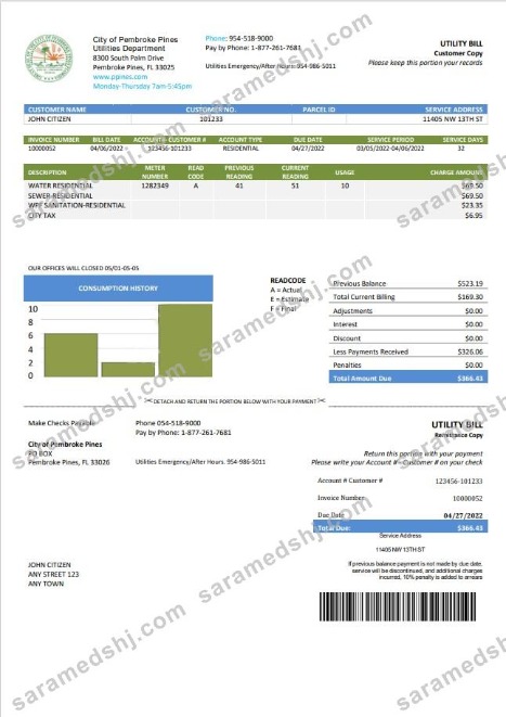 USA Florida City of Pembroke Pines Utilities Department utility bill template in Word and PDF format